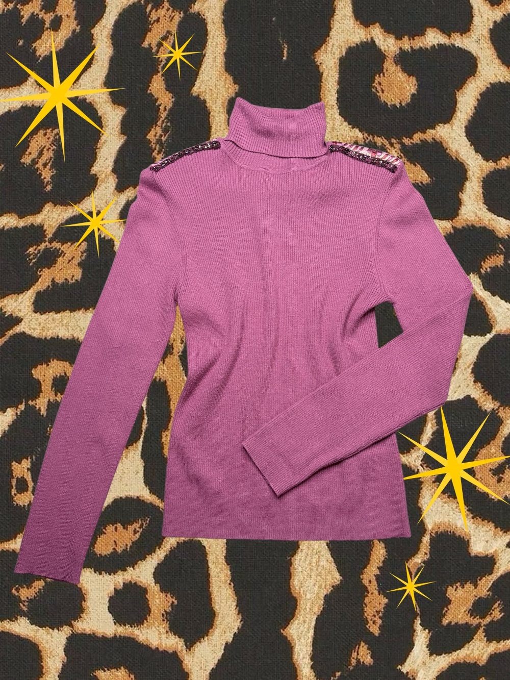 CYNTHIA STEFFE | Pink Turtleneck Sweater with Shoulder Sequin Trim | Size XS
